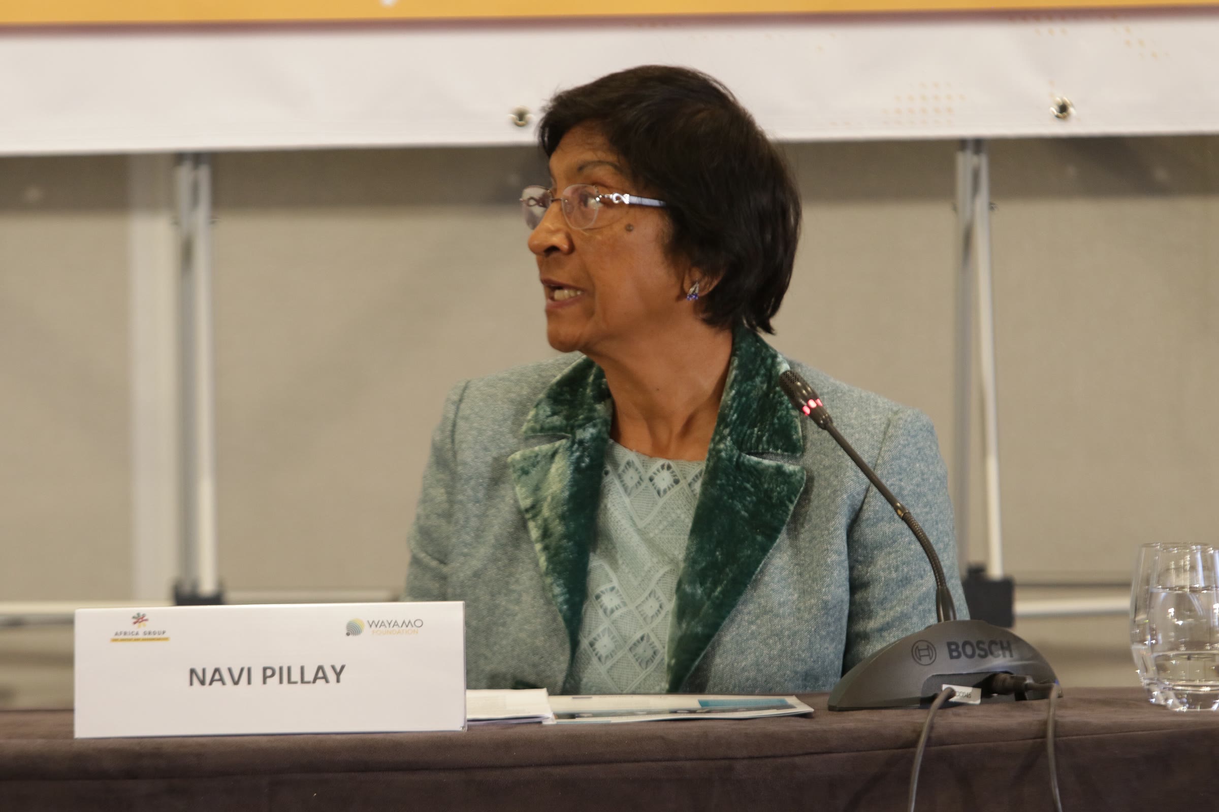 Navi Pillay speaking at a panel organised by the Wayamo Foundation and the Africa Group for Justice and Accountability, photographed in August 2018.